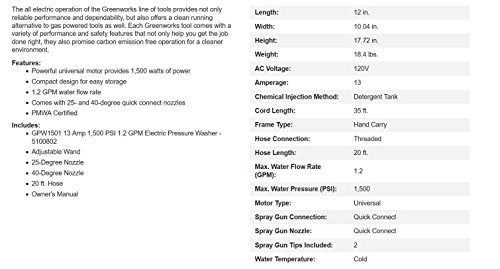 Greenworks GPW1501 13 Amp 1500 PSI 1.2 GPM Electric Pressure Washer