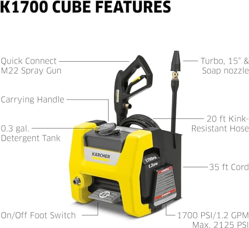 Karcher K1700 Cube Electric Power Pressure Washer 1700 PSI TruPressure, 1.2 GPM, Three Year Warranty