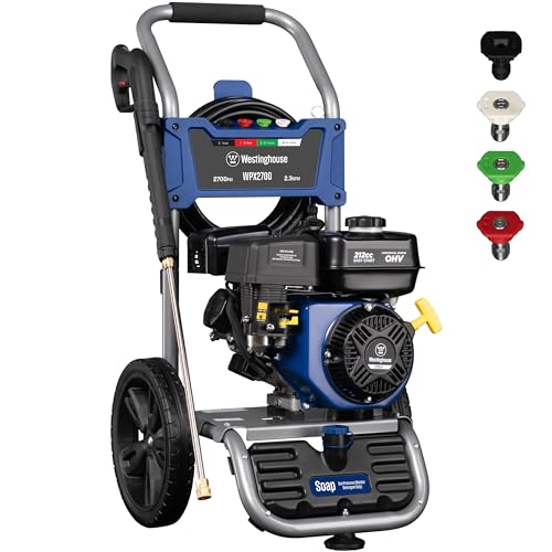 Westinghouse WPX2700 Gas Pressure Washer, 2700 PSI and 2.3 Max GPM, Onboard Soap Tank, Spray Gun and Wand, 4 Nozzle Set, CARB Compliant, for Cars/Fences/Driveways/Homes/Patios/Furniture Blue