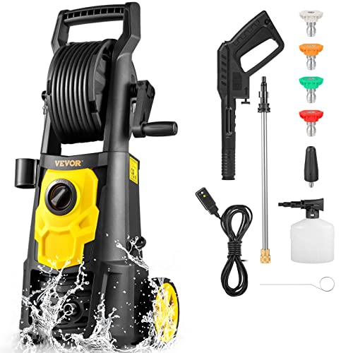 VEVOR Electric Pressure Washer, 2000 PSI, Max. 1.65 GPM Power Washer w/ 30 ft Hose & Reel, 5 Quick Connect Nozzles, Foam Cannon, Portable to Clean Patios, Cars, Fences, Driveways, ETL Listed