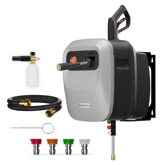 Giraffe Tools Grandfalls Pressure Washer G20, Wall Mount Pressure Washer with 180° Rotating Bracket, 65FT Retractable Reel, Power Washer for Home/Cars/Patios, 4 Nozzles, Foam Cannon, Light Silver