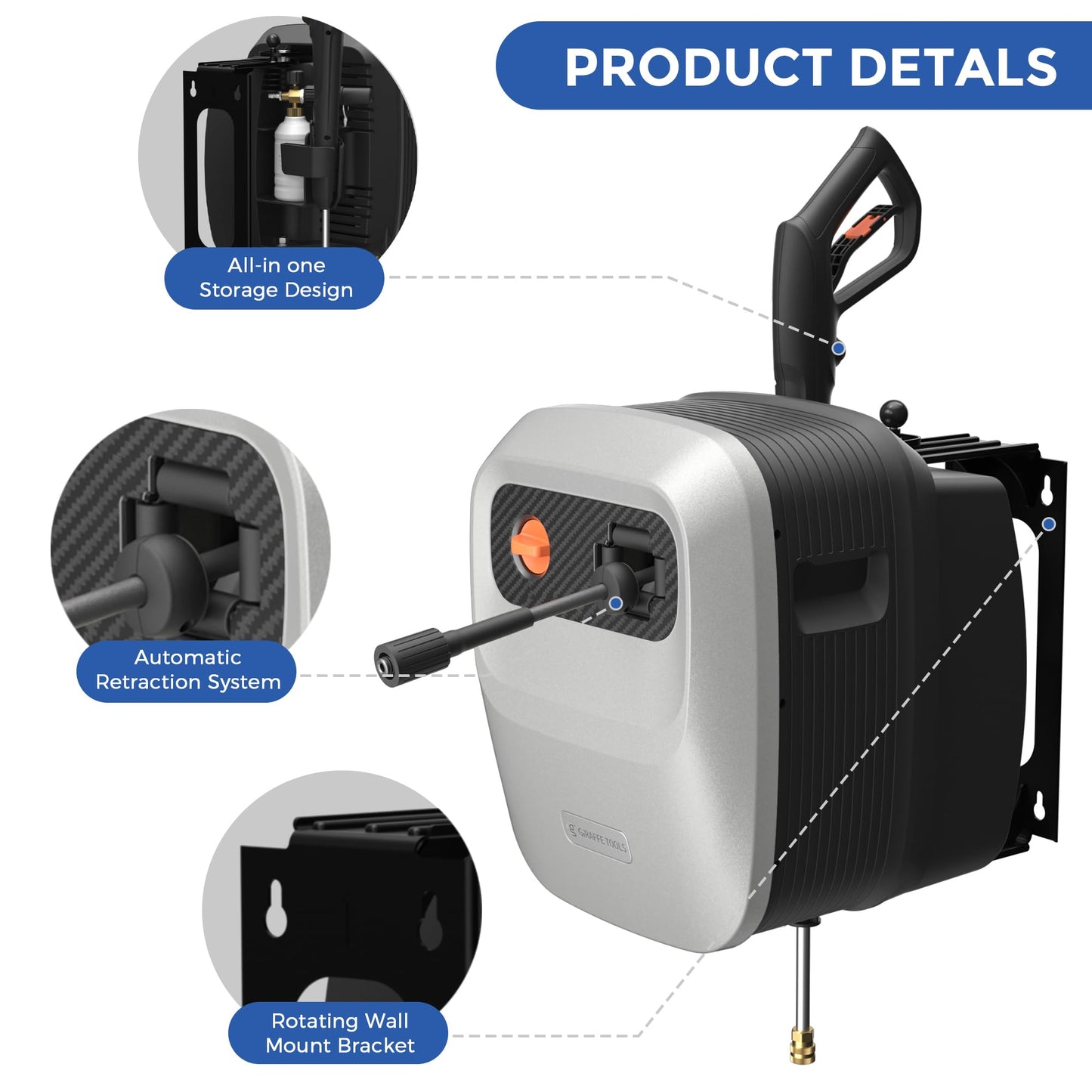Giraffe Tools Grandfalls Pressure Washer G20, Wall Mount Pressure Washer with 180° Rotating Bracket, 65FT Retractable Reel, Power Washer for Home/Cars/Patios, 4 Nozzles, Foam Cannon, Light Silver
