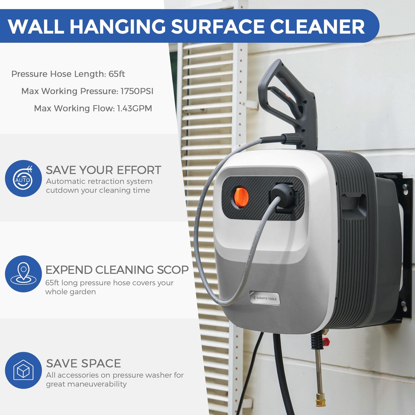 Giraffe Tools Grandfalls Pressure Washer G20, Wall Mount Pressure Washer with 180° Rotating Bracket, 65FT Retractable Reel, Power Washer for Home/Cars/Patios, 4 Nozzles, Foam Cannon, Light Silver